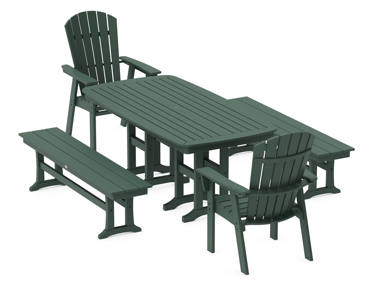 POLYWOOD Nautical Curveback Adirondack 5-Piece Dining Set with Benches - 37" x 72" Table in Green