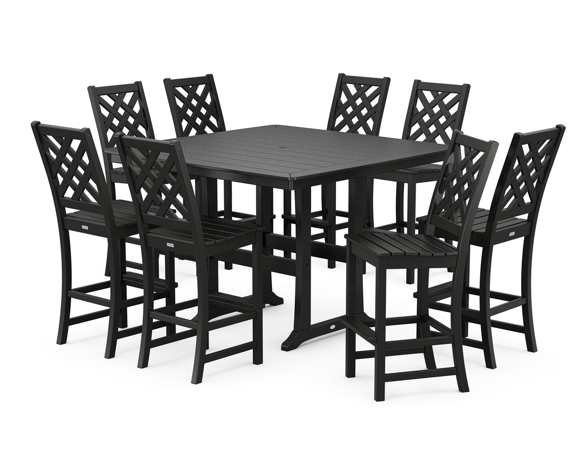 POLYWOOD Country Living Wovendale Side Chair 9-Piece Square Bar Set with Trestle Legs in Black