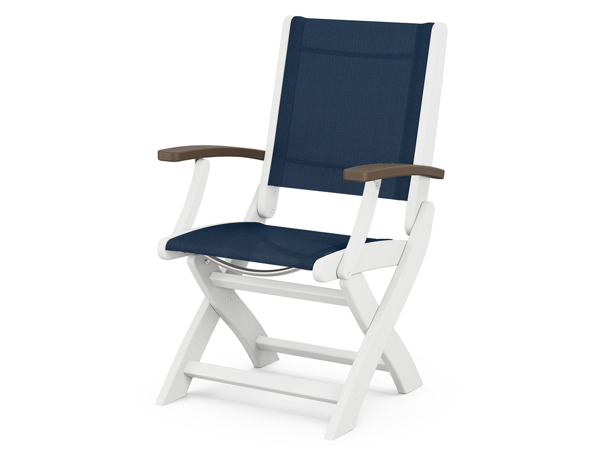 POLYWOOD Coastal Folding Chair in White with Kona arms and Navy Blue sling