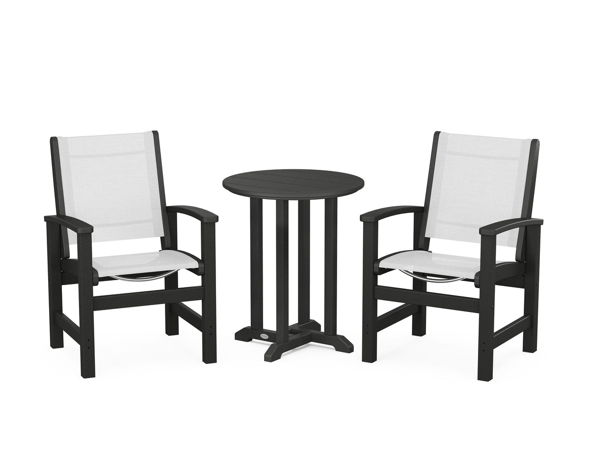 POLYWOOD Coastal 3-Piece Round Bistro Dining Set in Black / White