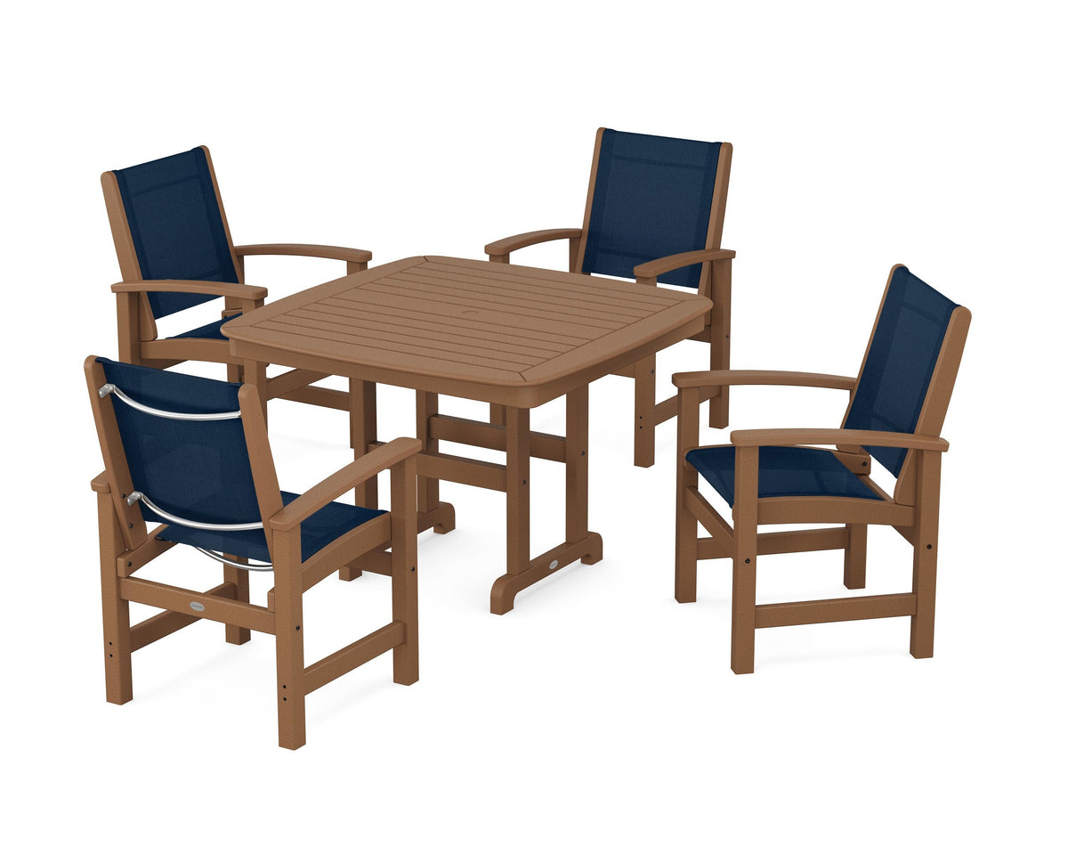 POLYWOOD Coastal 5-Piece Dining Set with Nautical 44" Dining Table in Teak / Navy Blue