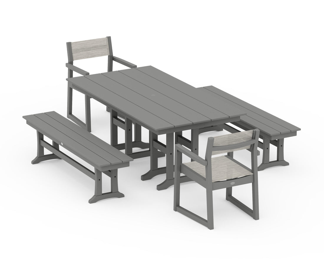 POLYWOOD EDGE Sling Arm Chair 5-Piece Farmhouse Dining Set with Benches in Slate Grey / Birch