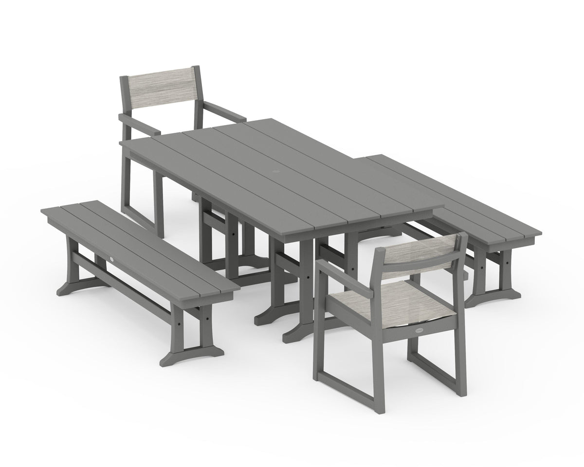 POLYWOOD EDGE Sling Arm Chair 5-Piece Farmhouse Dining Set with Benches in Slate Grey / Birch