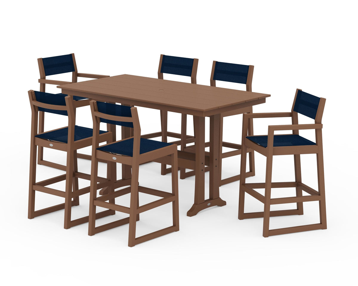 POLYWOOD EDGE Sling 7-Piece Farmhouse Bar Set with Trestle Legs in Teak / Navy Blue
