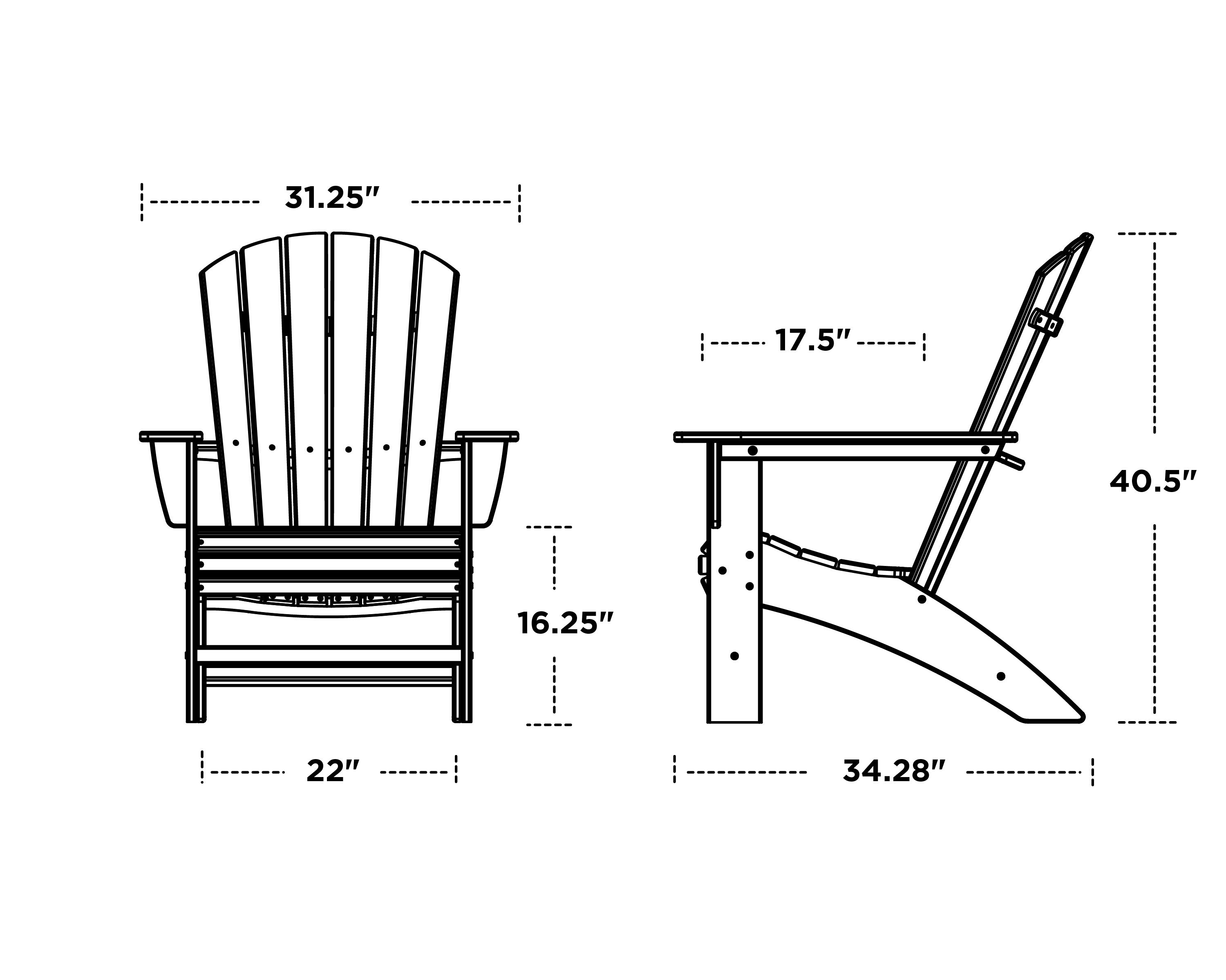 Technical drawing of a wooden chair with dimensions labeled