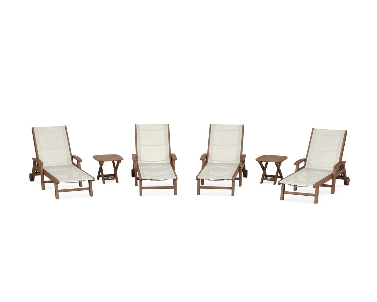 POLYWOOD Coastal Chaise 6-Piece Set with Wheels in Teak / Parchment