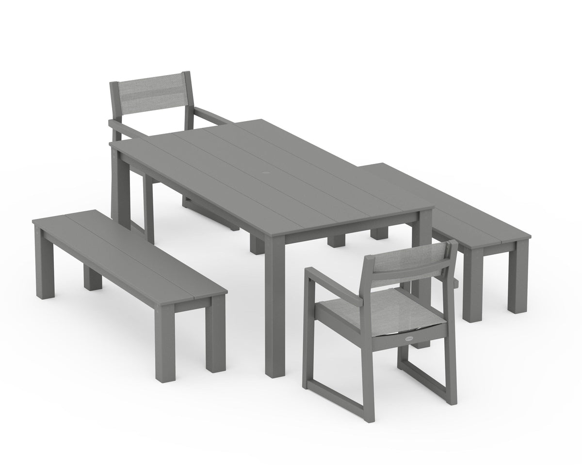 POLYWOOD EDGE Sling Arm Chair 5-Piece Parsons Dining Set with Benches in Slate Grey / Metallic