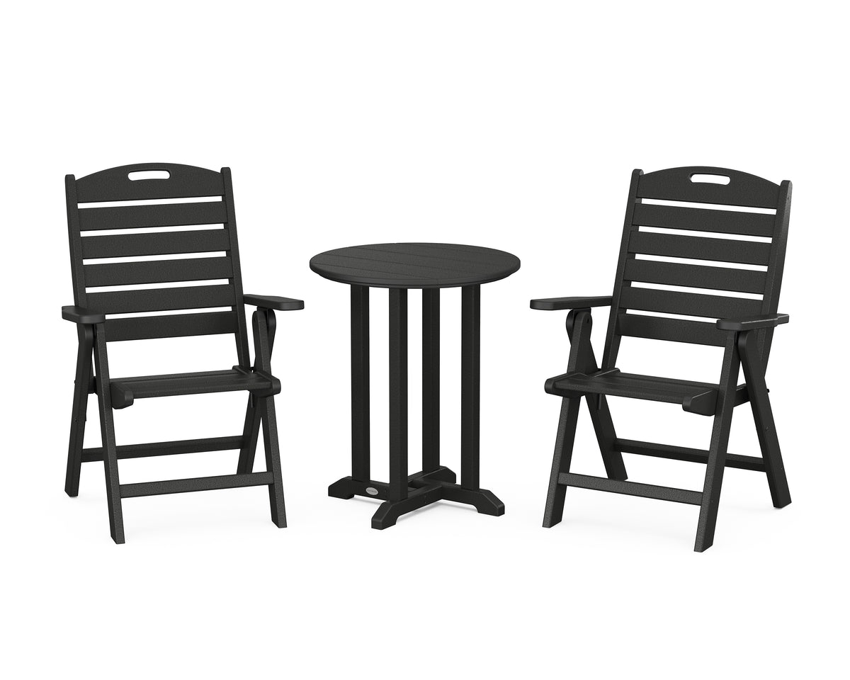 POLYWOOD Nautical Folding Highback Chair 3-Piece Round Bistro Dining Set in Black