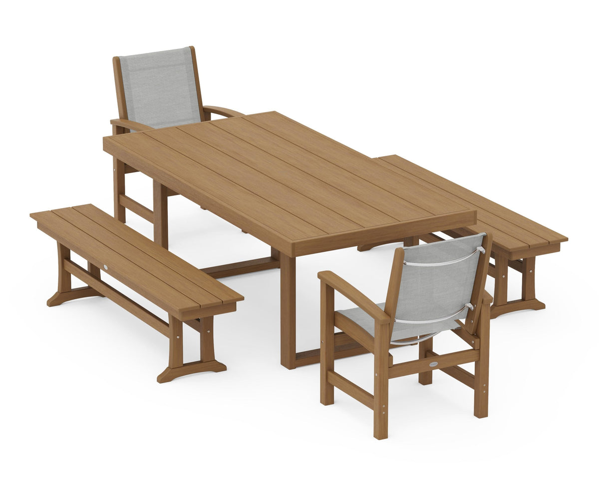 POLYWOOD Coastal 5-Piece Dining Set with Trestle Legs with EDGE 40" x 78" Dining Table in Natural / Metallic
