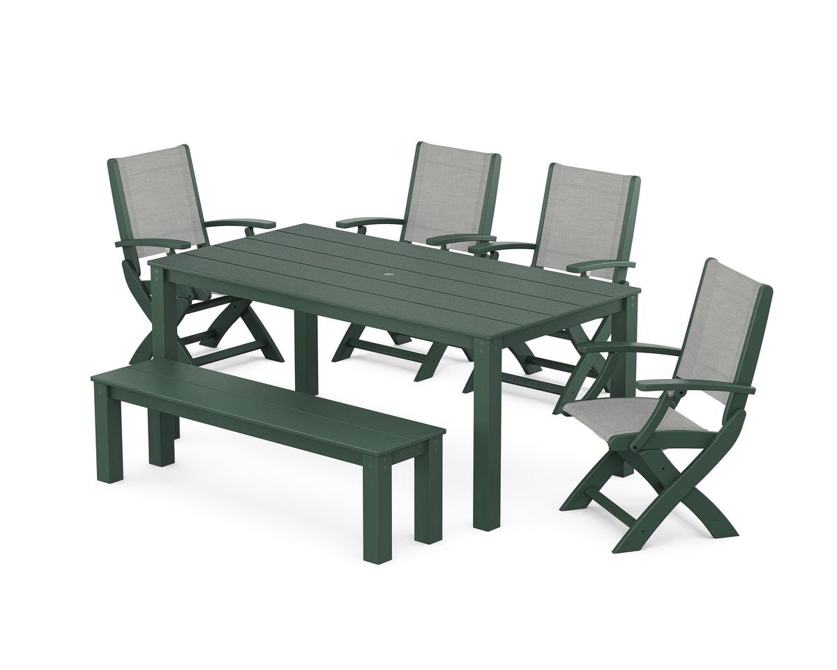 POLYWOOD Coastal Folding Chair 6-Piece Parsons Dining Set with Bench in Green / Metallic
