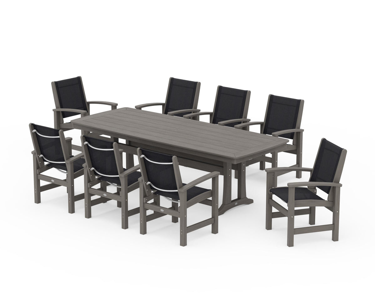 POLYWOOD Coastal 9-Piece Dining Set with Trestle Legs in Driftwood / Black