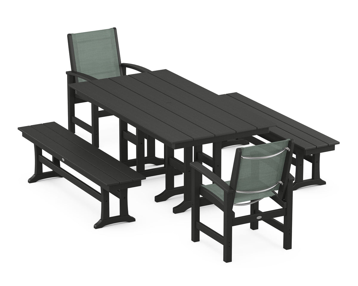 POLYWOOD Coastal 5-Piece Farmhouse Dining Set with Farmhouse 37" x 72" Dining Table in Black / Dupioni Sea Mist