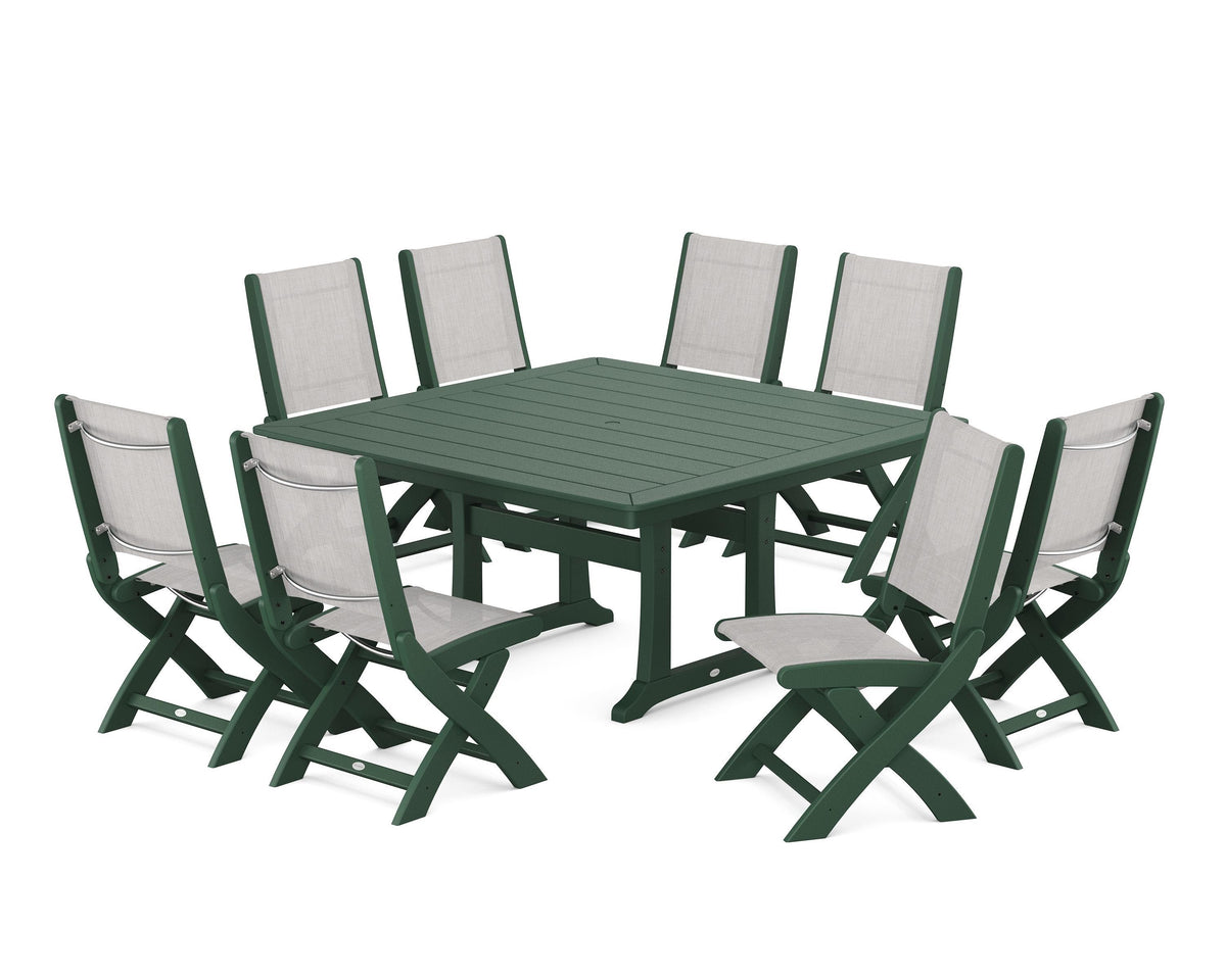 POLYWOOD Coastal Folding Side Chair 9-Piece Dining Set with Trestle Legs in Green / Parchment