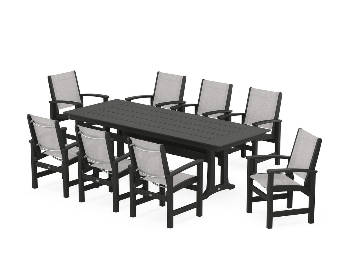 POLYWOOD Coastal 9-Piece Farmhouse Dining Set with Trestle Legs in Black / Parchment