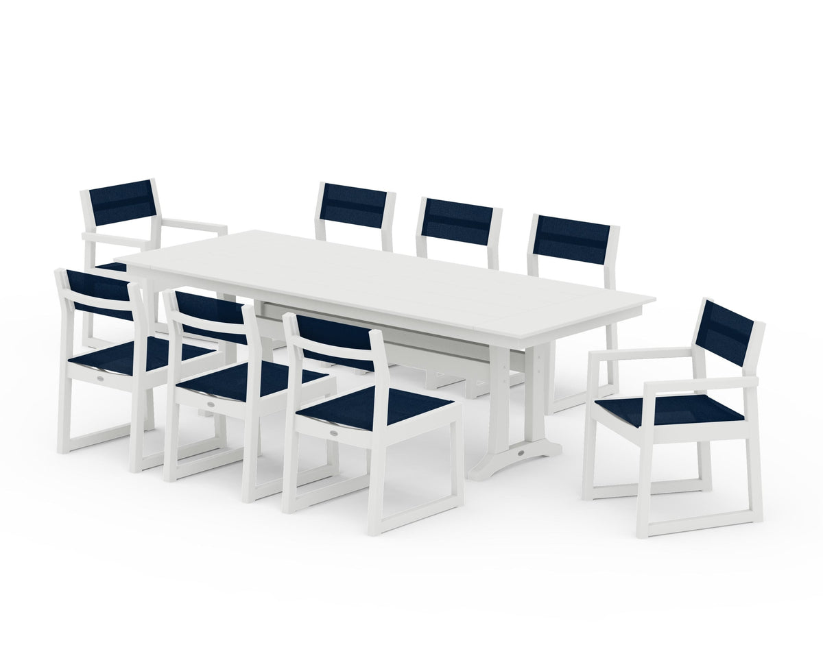 POLYWOOD EDGE Sling 9-Piece Farmhouse Trestle Dining Set in Vintage White / Navy Blue