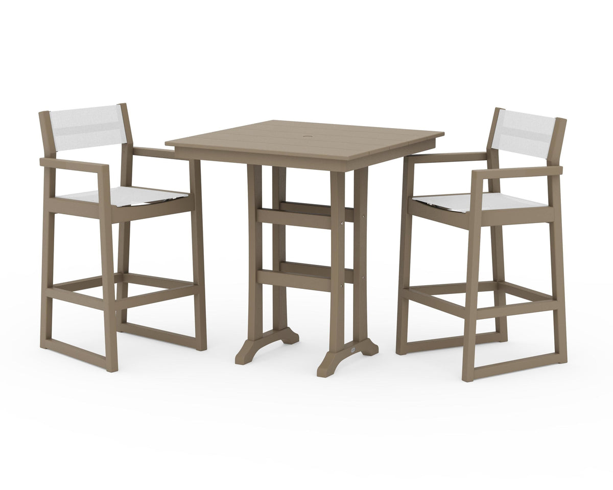 POLYWOOD EDGE Sling Arm Chair 3-Piece Farmhouse Bar Set with Trestle Legs in Vintage Sahara / White