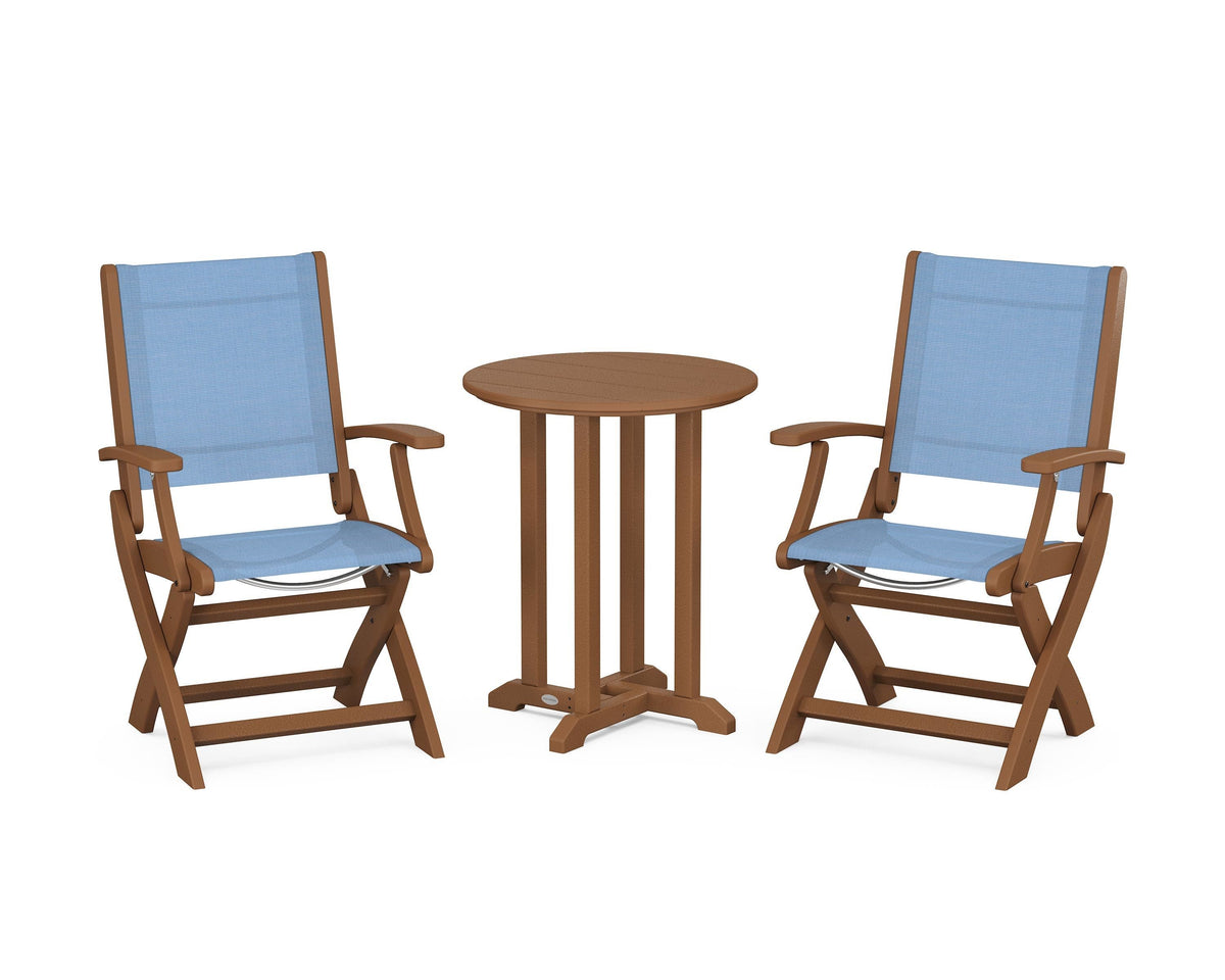 POLYWOOD Coastal Folding 3-Piece Round Bistro Dining Set in Teak / Poolside