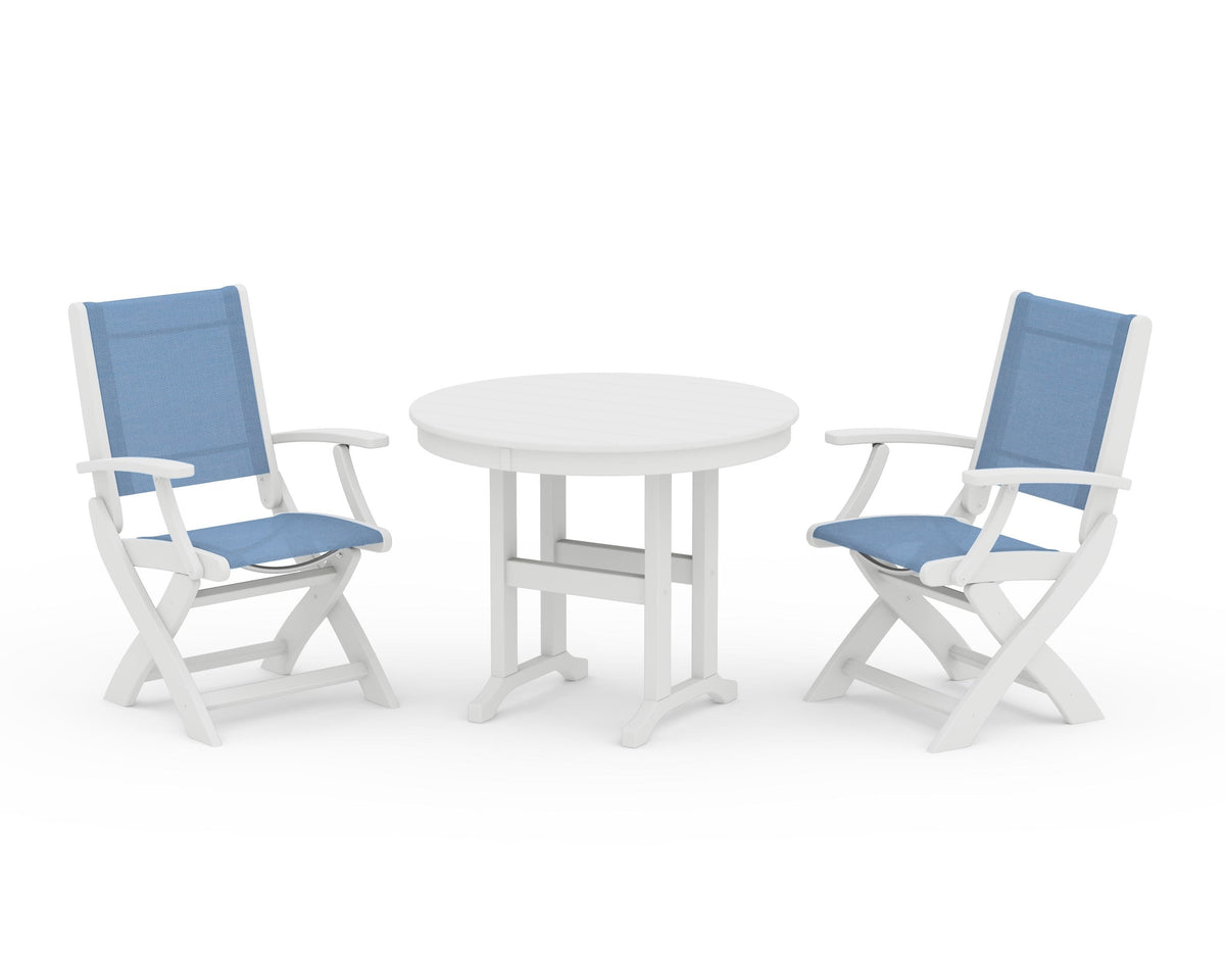 POLYWOOD Coastal Folding Chair 3-Piece Round Dining Set in White / Poolside