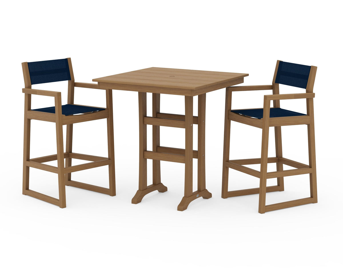 POLYWOOD EDGE Sling Arm Chair 3-Piece Farmhouse Bar Set with Trestle Legs in Natural / Navy Blue