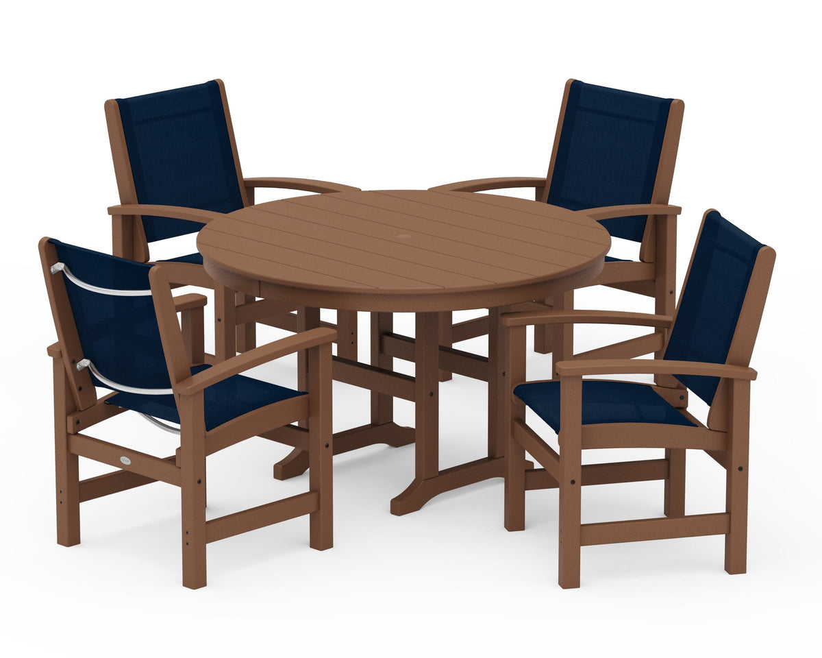 POLYWOOD Coastal 5-Piece Round Farmhouse Dining Set in Teak / Navy Blue