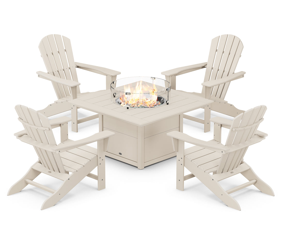 POLYWOOD Palm Coast 5-Piece Adirondack Chair Conversation Set with Fire Pit Table in Sand