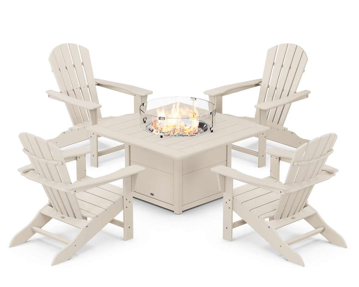 POLYWOOD Palm Coast 5-Piece Adirondack Chair Conversation Set with Fire Pit Table in Sand