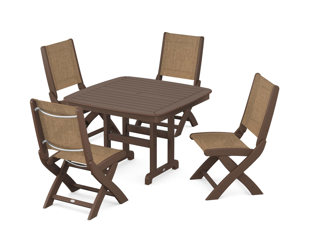 POLYWOOD Coastal Folding Side Chair 5-Piece Dining Set with Nautical 44" Dining Table in Mahogany / Burlap