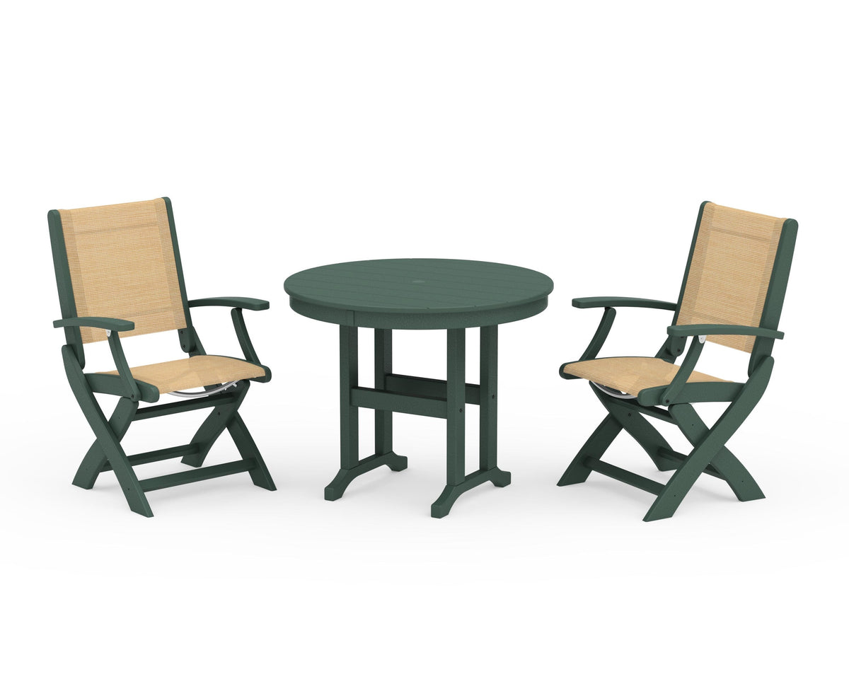 POLYWOOD Coastal Folding Chair 3-Piece Round Dining Set in Green / Dupioni Apricot