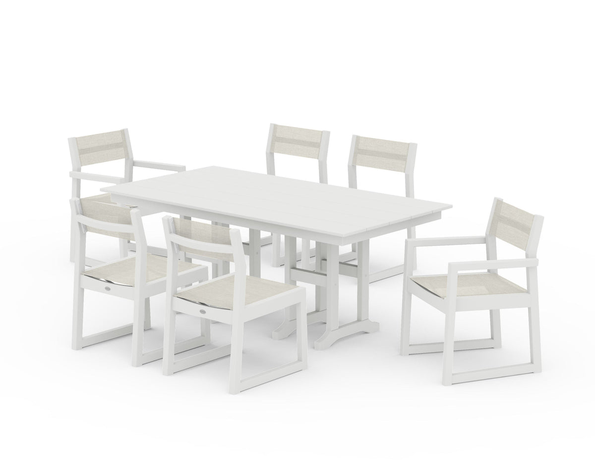 POLYWOOD EDGE Sling 7-Piece Farmhouse Dining Set in Vintage White / Parchment