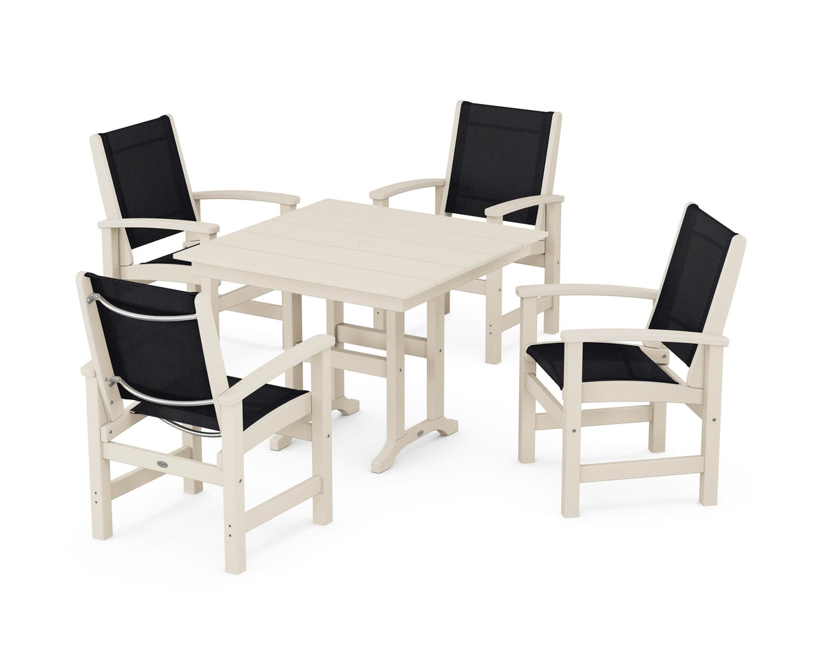 POLYWOOD Coastal 5-Piece Farmhouse Dining Set with Farmhouse 37" Dining Table in Sand / Black