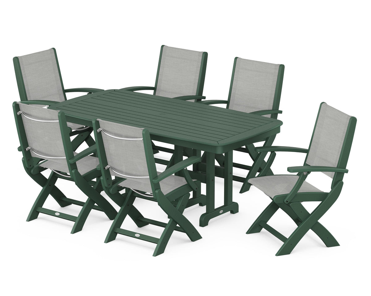 POLYWOOD Coastal Folding Arm Chair 7-Piece Dining Set in Green / Metallic