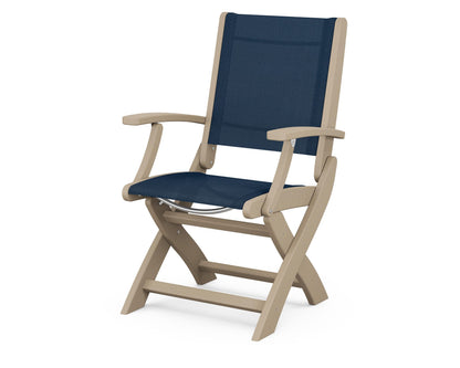 POLYWOOD Coastal Folding Chair in Vintage Sahara with Vintage Sahara arms and Navy Blue sling