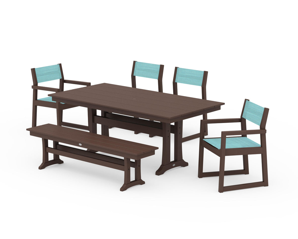POLYWOOD EDGE Sling 6-Piece Farmhouse Dining Set With Trestle Legs in Mahogany / Dupioni Aquamarine