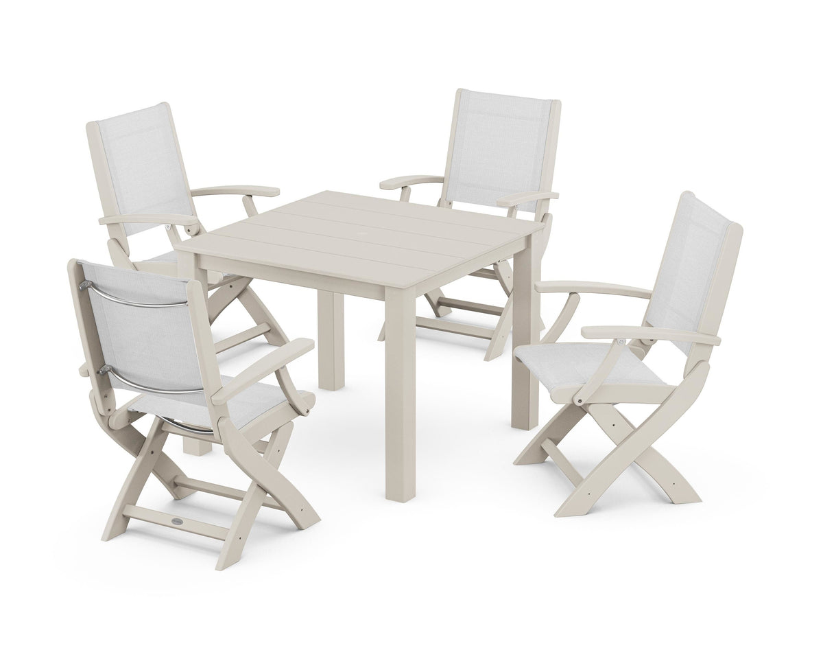 POLYWOOD Coastal Folding Chair 5-Piece Parsons Dining Set in Sand / White