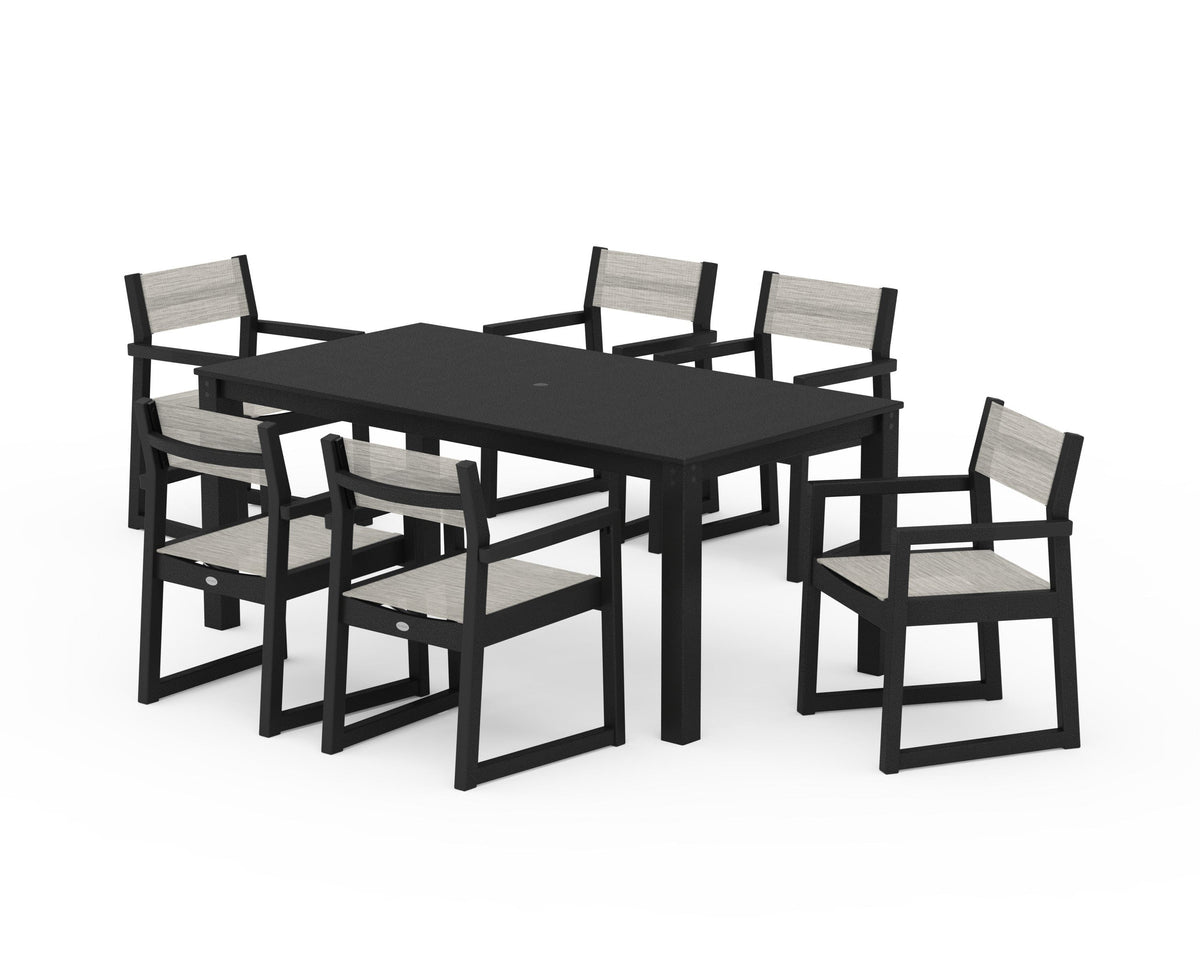 POLYWOOD EDGE Sling Arm Chair 7-Piece Parsons Dining Set in Black / Birch