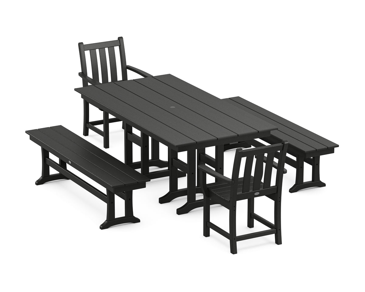 POLYWOOD Traditional Garden 5-Piece Farmhouse Dining Set with Benches in Black