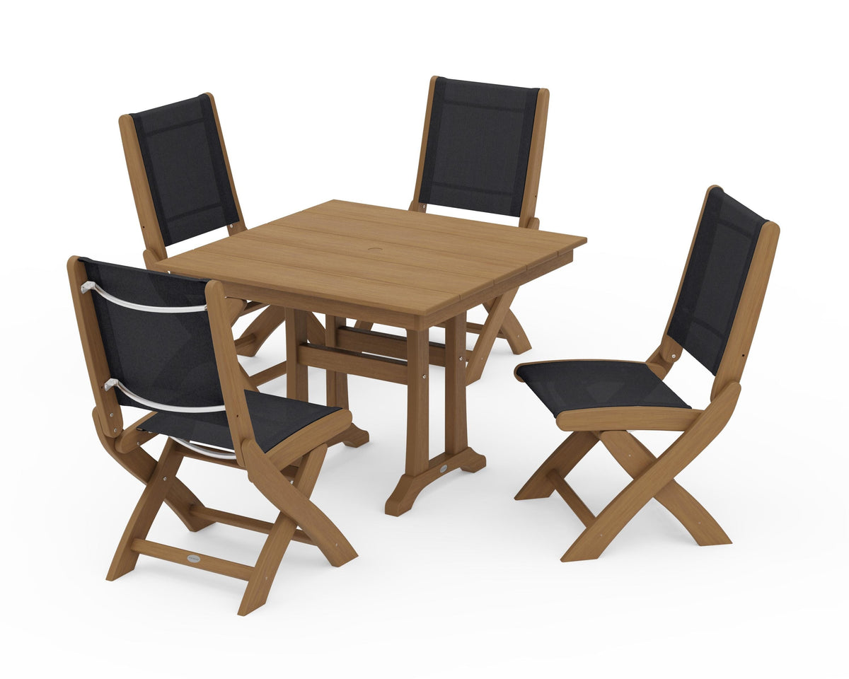 POLYWOOD Coastal Folding Side Chair 5-Piece Farmhouse Dining Set With Trestle Legs in Natural / Black