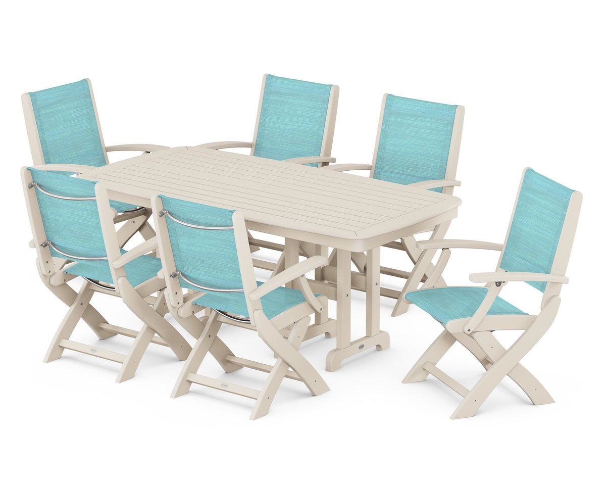 POLYWOOD Coastal Folding Arm Chair 7-Piece Dining Set in Sand / Dupioni Aquamarine