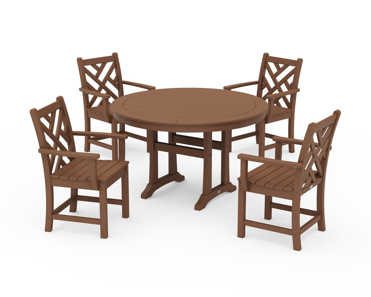 POLYWOOD Chippendale 5-Piece Nautical Trestle Dining Arm Chair Set in Teak