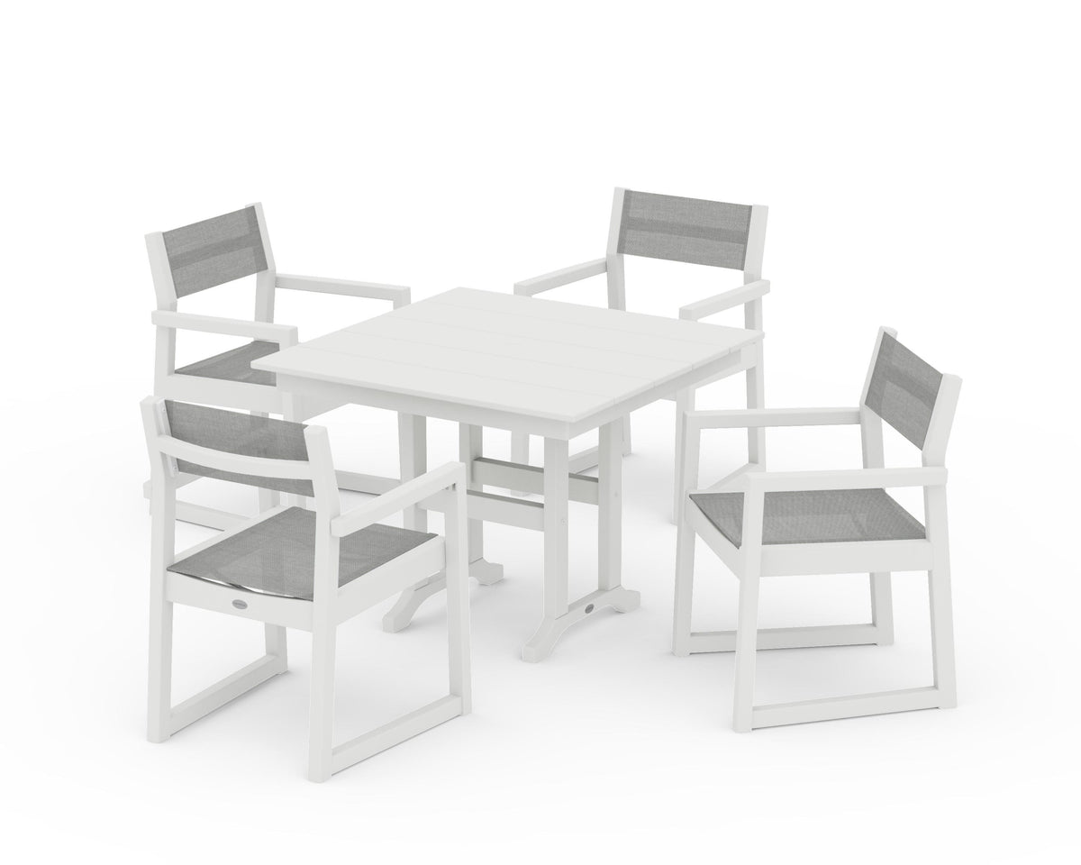 POLYWOOD EDGE Sling Arm Chair 5-Piece Farmhouse Dining Set in Vintage White / Metallic