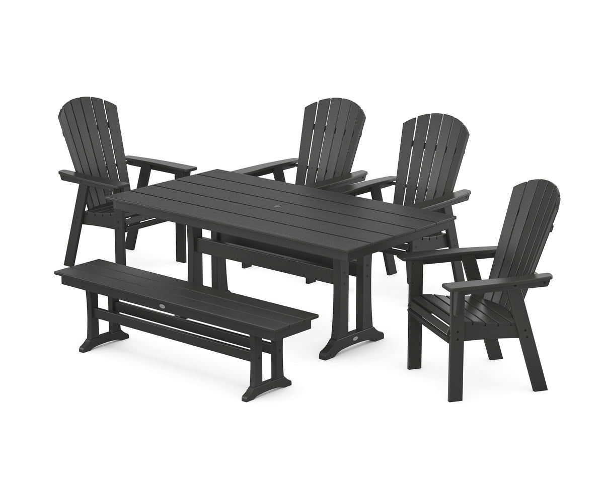 POLYWOOD Nautical Curveback Adirondack 6-Piece Farmhouse Dining Set with Trestle Legs and Bench in Black