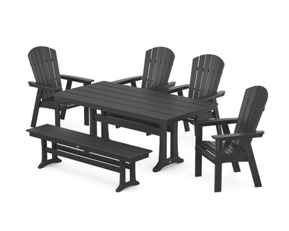 POLYWOOD Nautical Curveback Adirondack 6-Piece Farmhouse Dining Set with Trestle Legs and Bench in Black