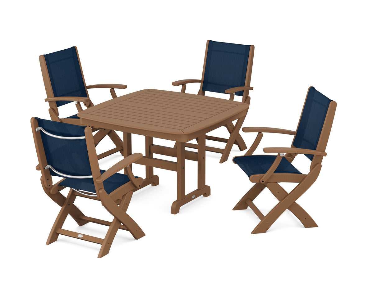 POLYWOOD Coastal Folding Chair 5-Piece Dining Set with Nautical 44" Dining Table in Teak / Navy Blue