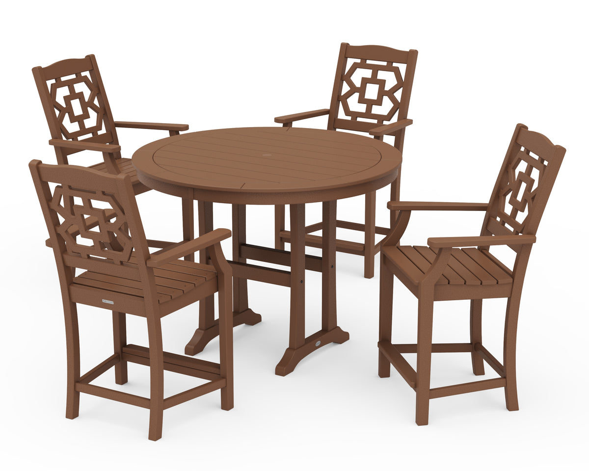 POLYWOOD Chinoiserie 5-Piece Round Counter Set in Teak