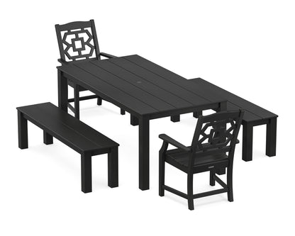 POLYWOOD Chinoiserie 5-Piece Parsons Dining Set with Benches in Black