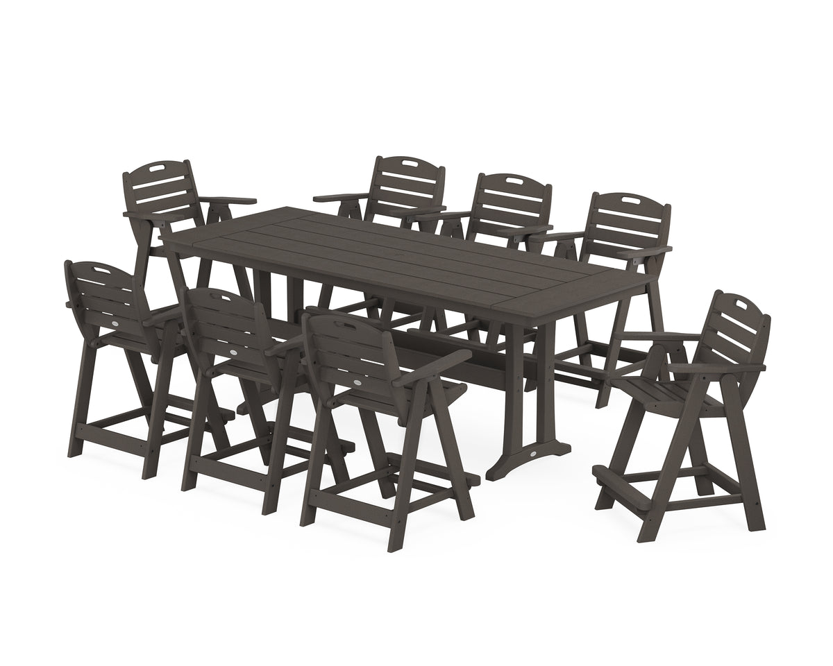 POLYWOOD Nautical 9-Piece Farmhouse Counter Set with Trestle Legs in Vintage Coffee