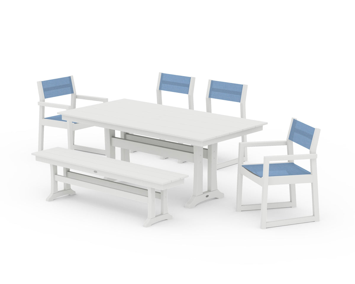 POLYWOOD EDGE Sling 6-Piece Farmhouse Dining Set With Trestle Legs in Vintage White / Poolside