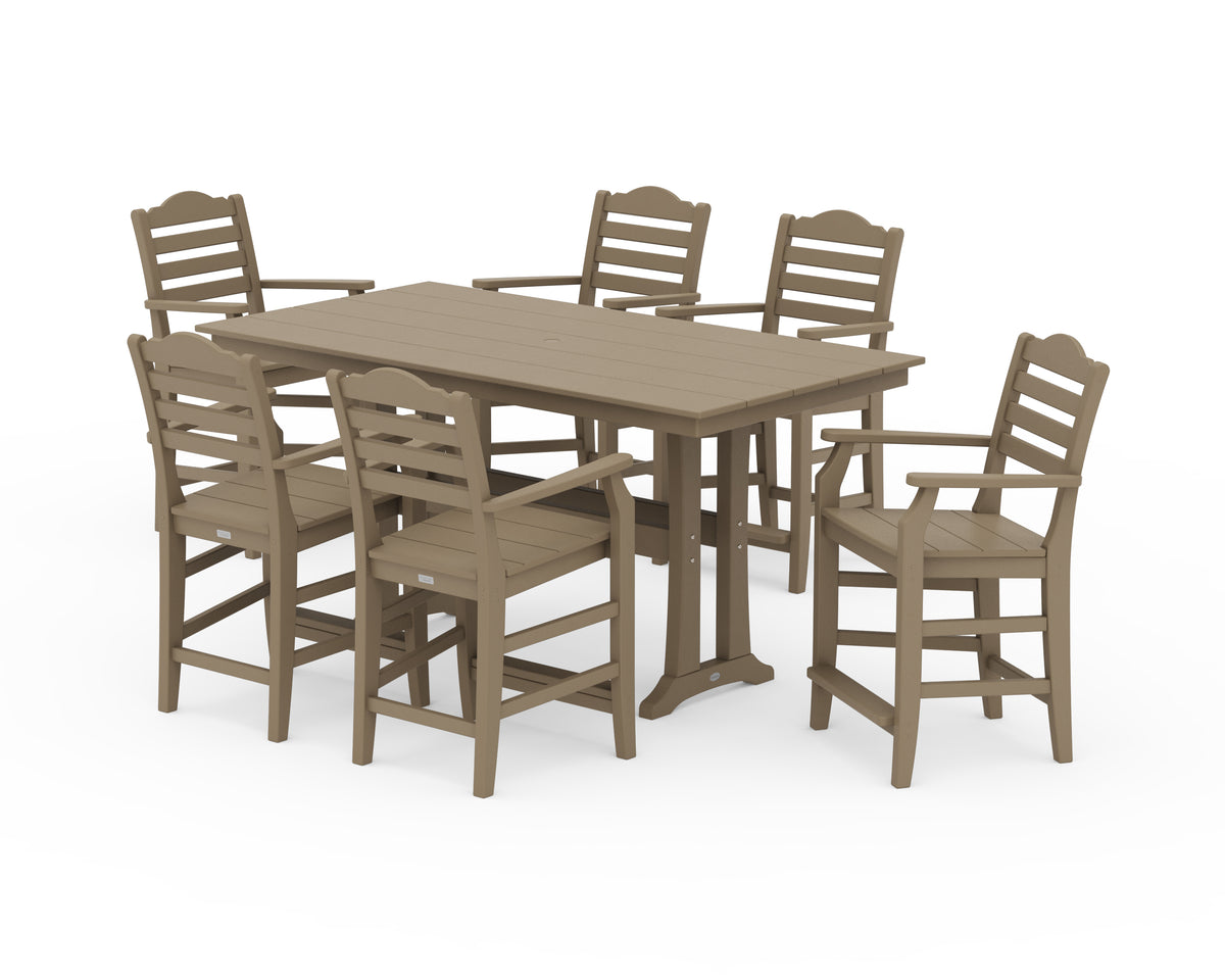 POLYWOOD Savannah Arm Chair 7-Piece Farmhouse Counter Set with Trestle Legs in Vintage Sahara