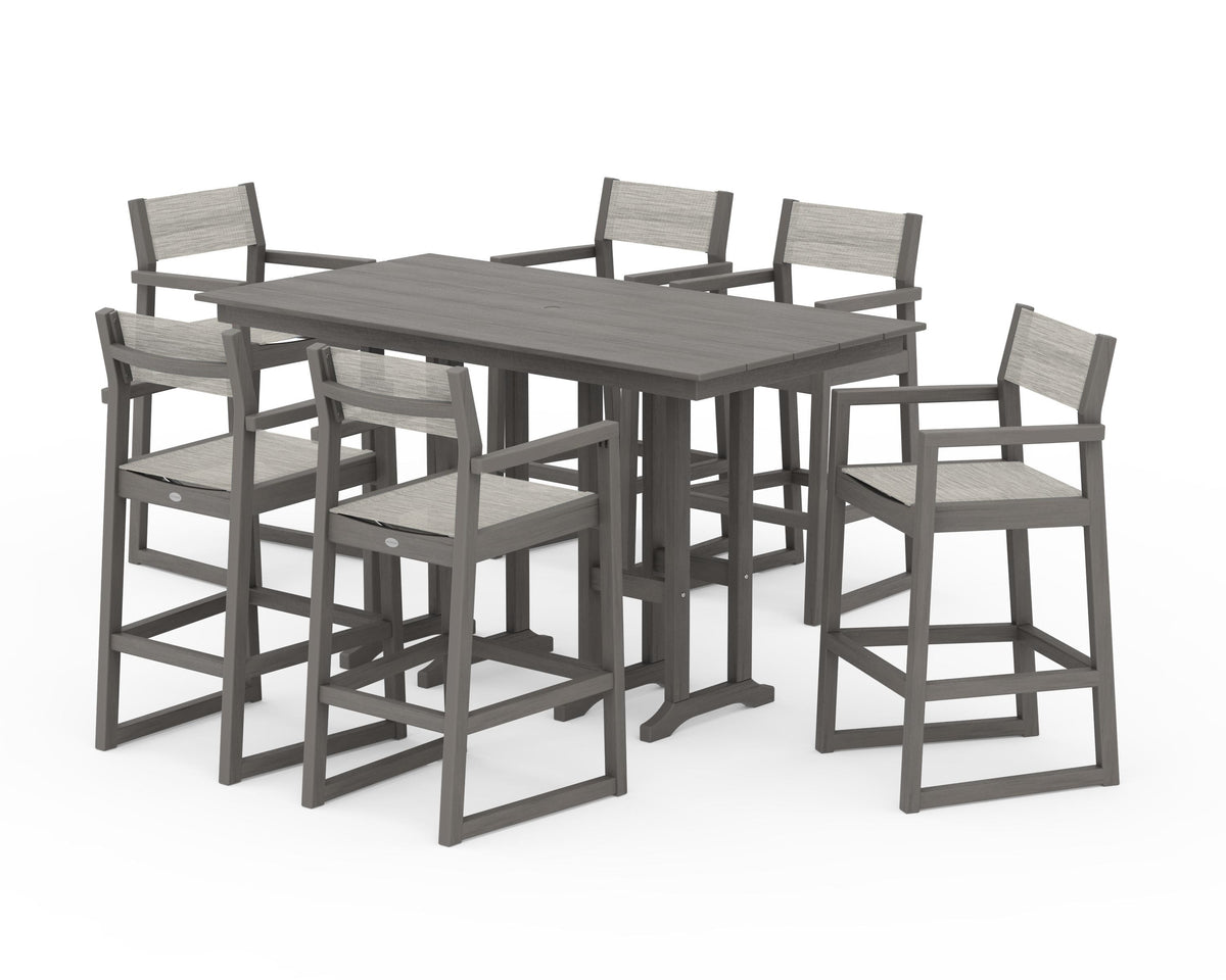 POLYWOOD EDGE Sling Arm Chair 7-Piece Farmhouse Bar Set in Driftwood / Birch
