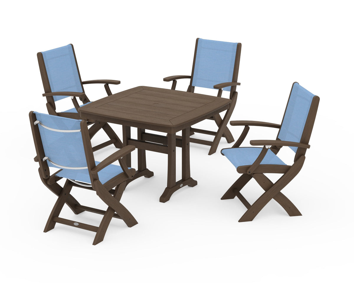 POLYWOOD Coastal Folding Chair 5-Piece Dining Set with Trestle Legs in Kona / Poolside